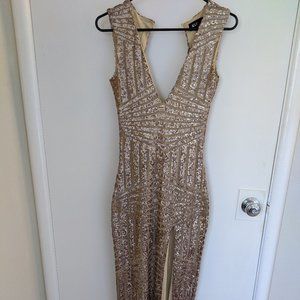 Gold sequin floor length gown with cut-out back